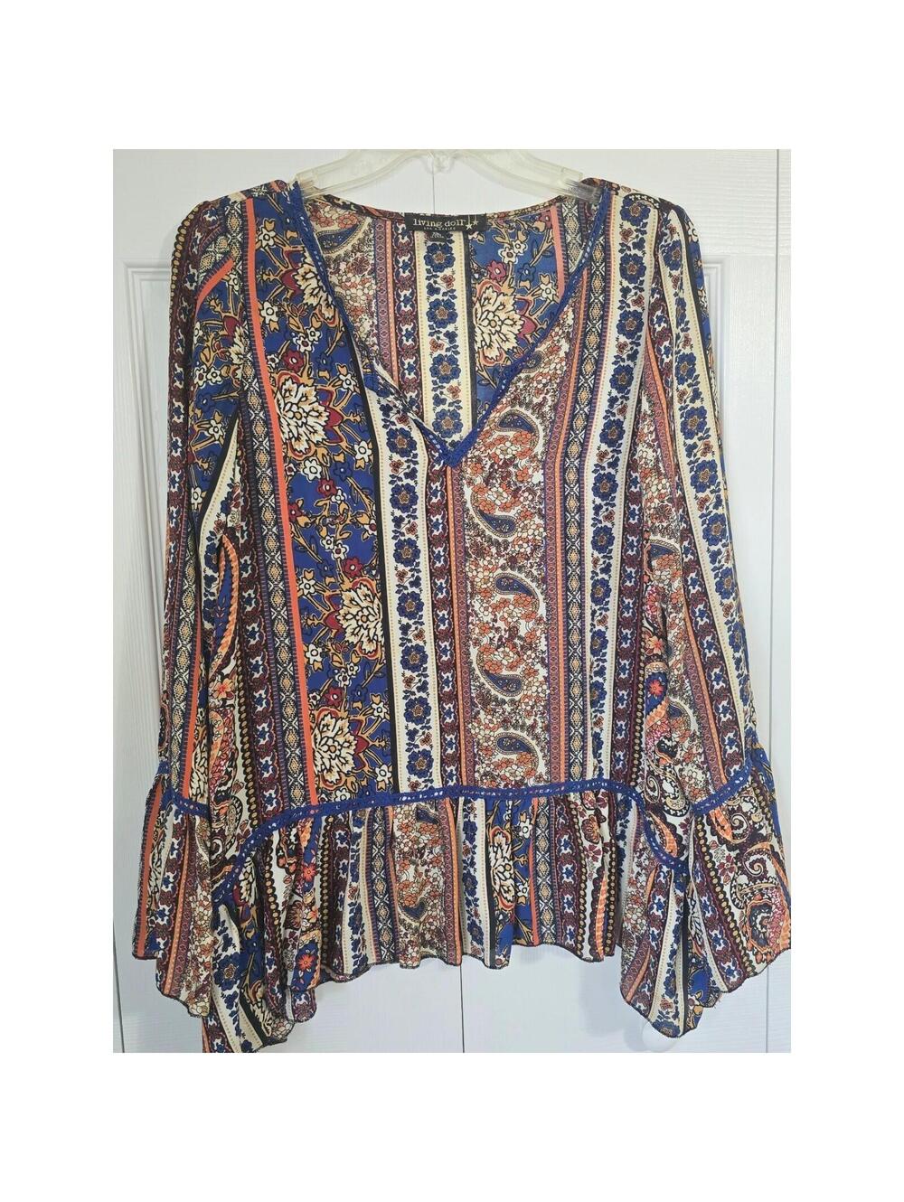 Living Doll XL Multi Color Paisley Floral Boho Bell Sleeve Rayon Blouse AE025